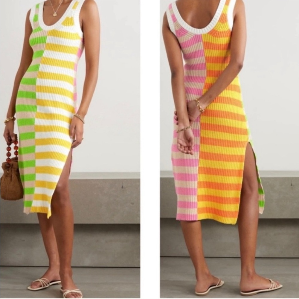 STAUD Seashore striped ribbed cotton-blend midi dress